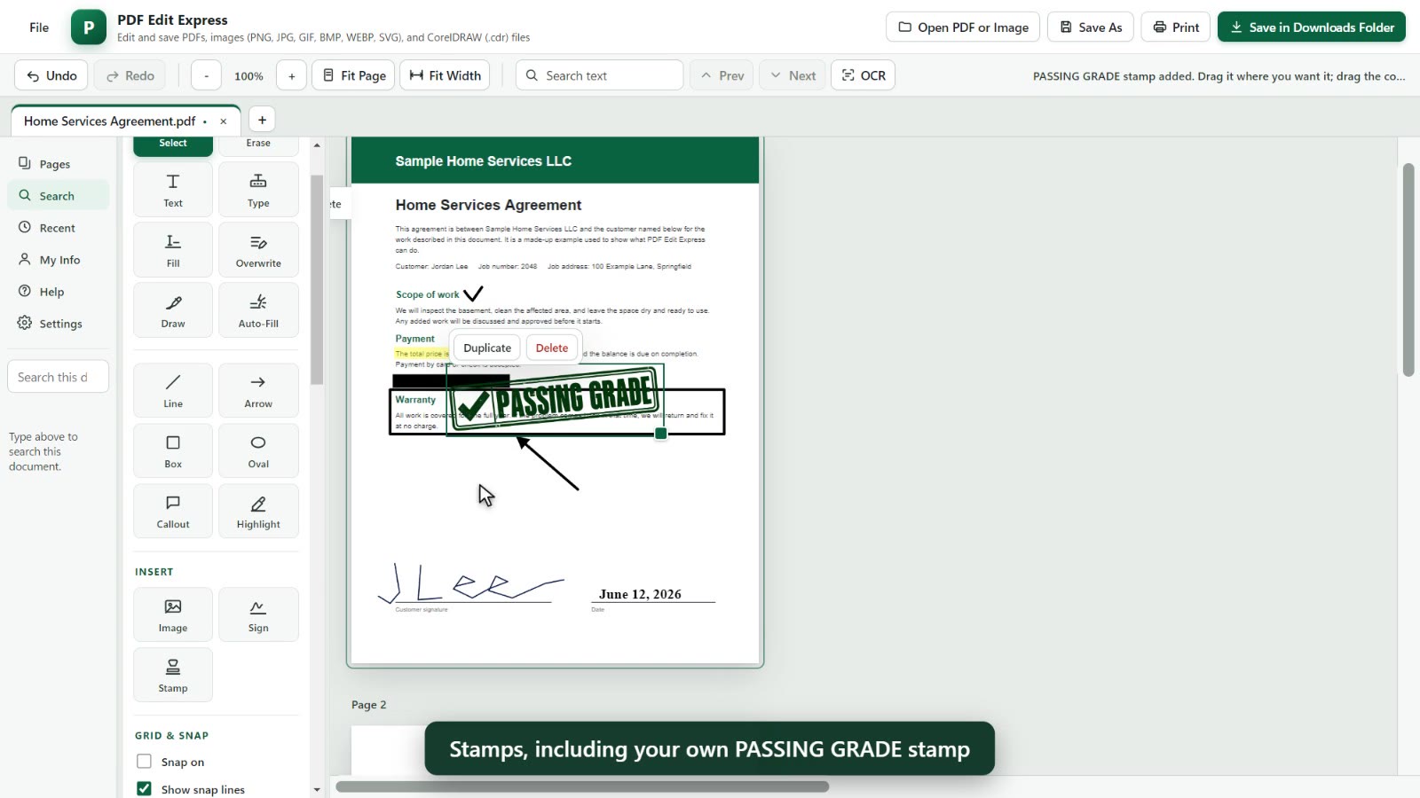 A PASSING GRADE stamp on a document
